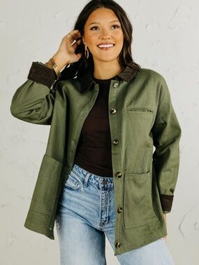 Sunday Edition Olive Green Cotton Field Jacket with Brown Corduroy Collar - NWT